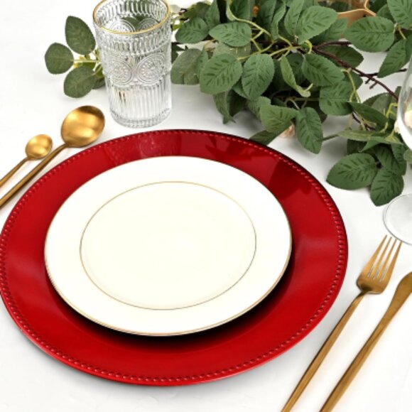 10 Pcs Red Charger Plates, 13" Round Beaded Plate Plastic Chargers, - Picture 2 of 5